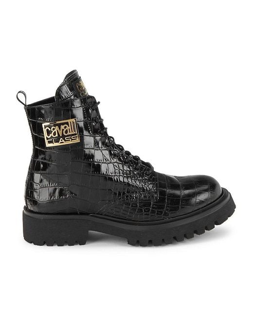 Class Roberto Cavalli Black Croc Embossed Leather Combat Boots