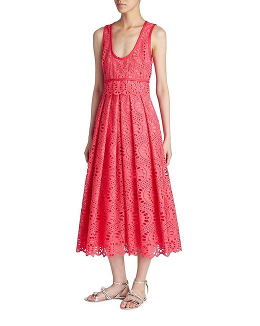 Giambattista Valli Red Open Lace Midi A Line Dress