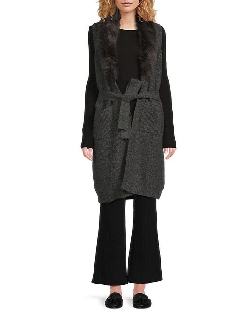 Saks Fifth Avenue Black Faux-fur-trim Longline Cardigan