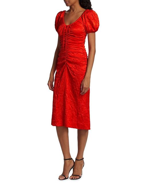 Ganni Red Ruched Crinkled Satin Midi Dress