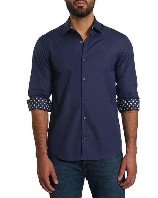 Jared Lang Blue 'Trim Fit Contrast Cuff Pima Cotton Sport Shirt for men