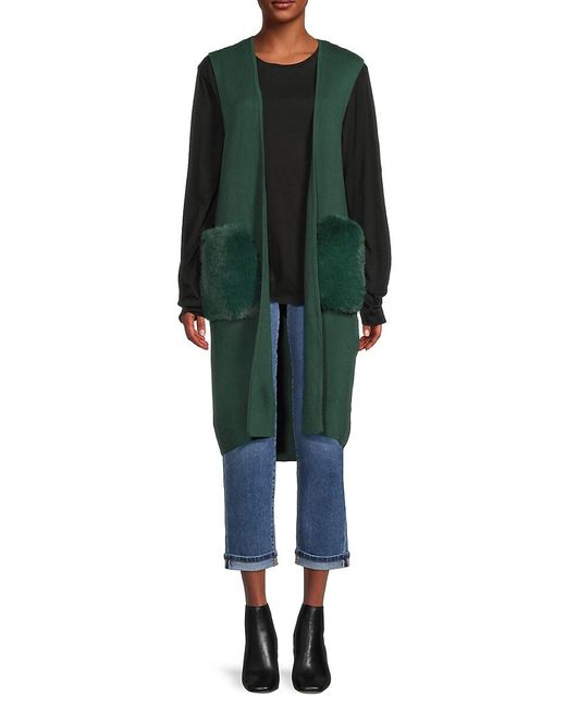 Saks Fifth Avenue Green Faux Fur Trim Open Front Cardigan