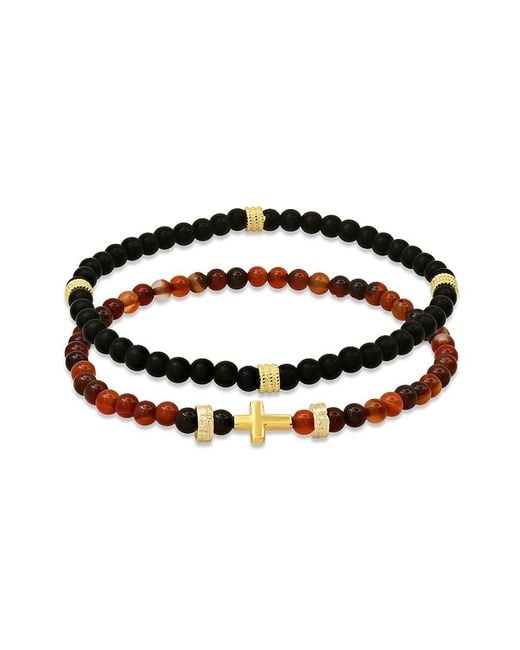 Anthony Jacobs Black 2-Piece 14K Goldplated Sterling, Lava & Agate Beaded Stretch Bracelets Set for men