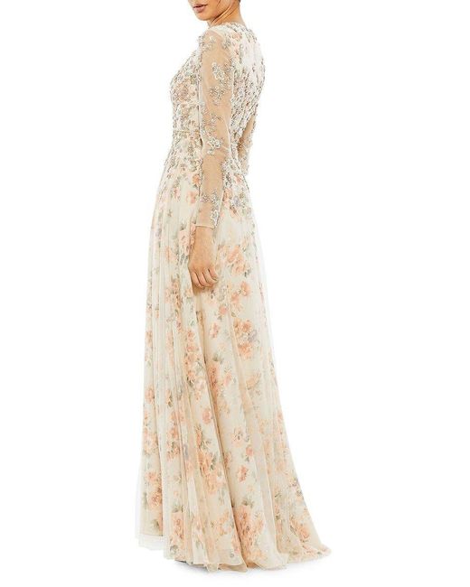 Mac Duggal Floral print Beaded Mesh Gown in Natural Lyst