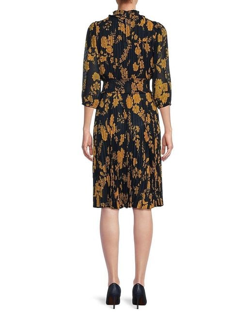 Nanette Lepore Black Pleated Floral Knee Fit & Flare Dress