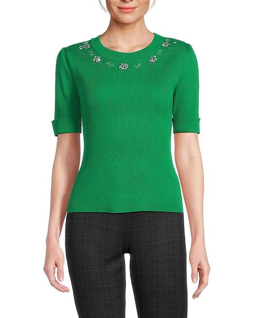 Nanette Lepore Green Ribbed Embellished Sweater