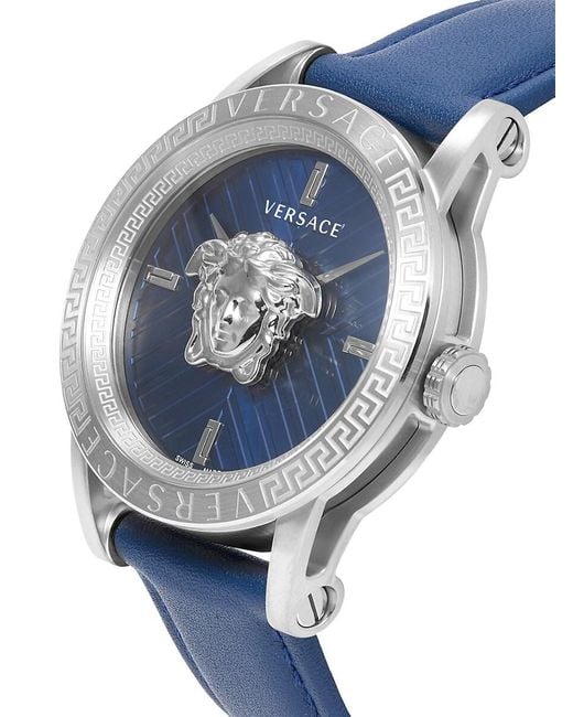 Versace Blue 43mm Stainless Steel & Leather Strap Watch for men