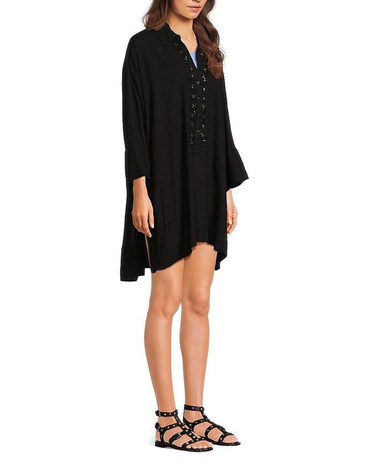 La Moda Clothing Black Embroidred Yoke Mini Cover Up Dress