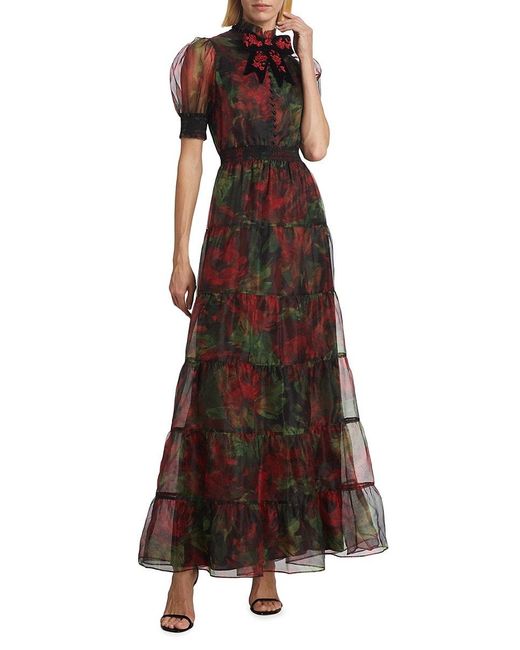 Alice + Olivia Brown Coletta Floral Tiered Silk Blend Maxi Dress