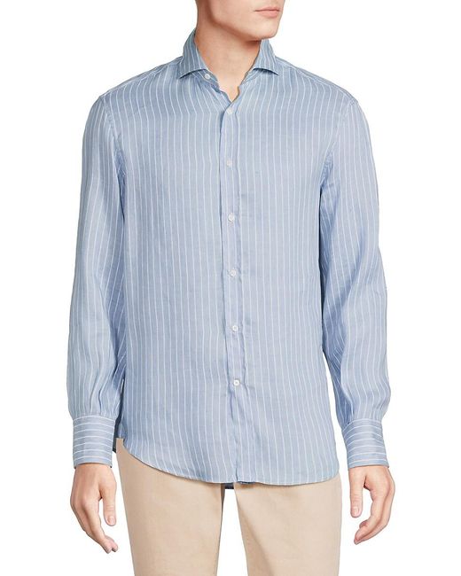 Brunello Cucinelli Blue Basic Fit Linen Blend Striped Shirt for men