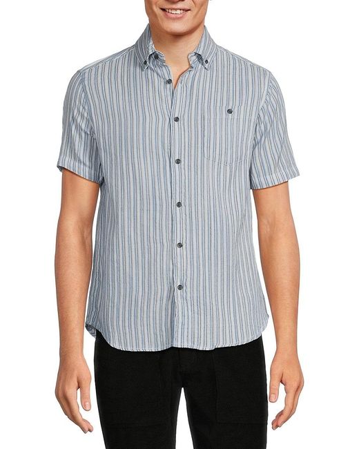 Report Collection Blue Short Sleeve Striped Button Down Shirt for men