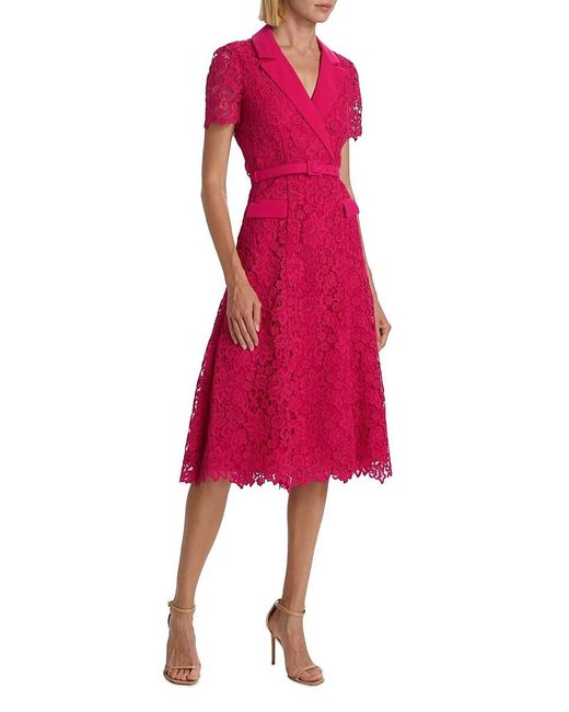 Self-Portrait Red Belted Lace Midi Dress