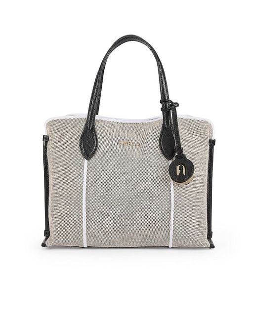 Furla White Piped Trim Woven Textile Tote
