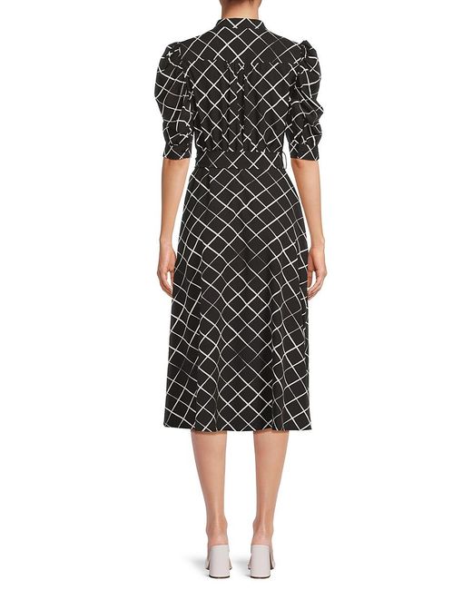 DKNY Black Printed Button-Front Puff-Sleeve Midi-Dress