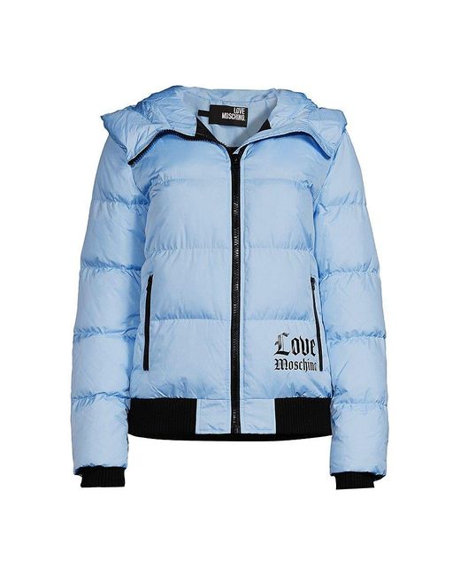 Love Moschino Logo Hooded Puffer Jacket in Blue Lyst