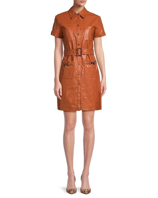 Pinko Orange Regent Belted Faux Leather Shirt Dress