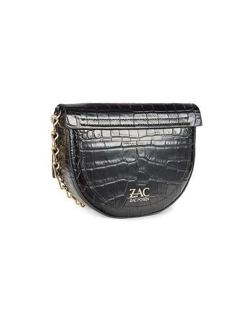 Zac Posen Black Mini Belay Croc Embossed Patent Leather Saddle Bag