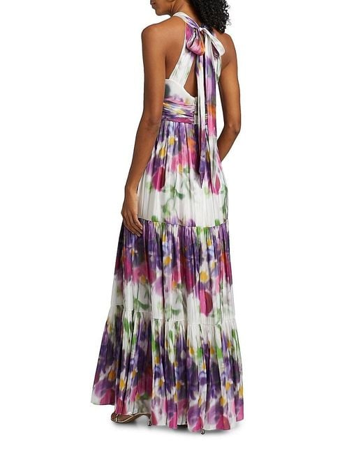 Kobi Halperin Purple Nava Floral Metallic-Satin Halterneck Maxi Dress