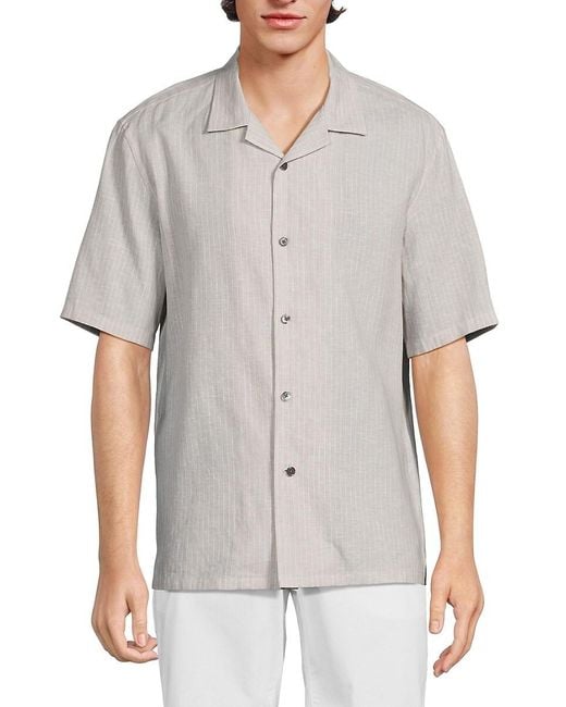 Theory Gray Daze Pinstripe Linen Blend Camp Shirt for men