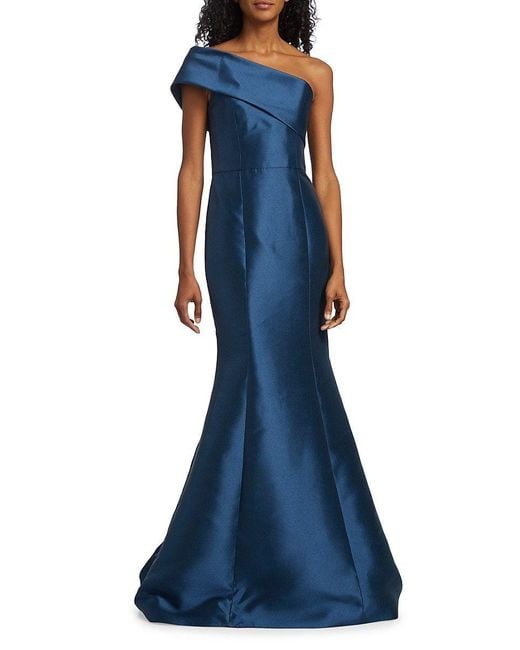 Amsale Blue One Shoulder Fold Over Mermaid Gown