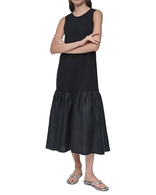 DKNY Gray Sleeveless Mixed Media Midi-Dress