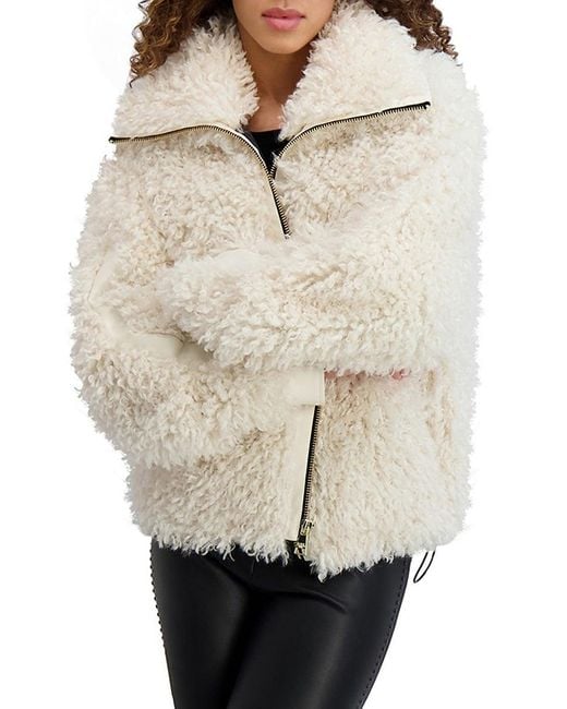 Karl Lagerfeld Natural Oversized Faux Shearling Jacket With Faux Leather Trim