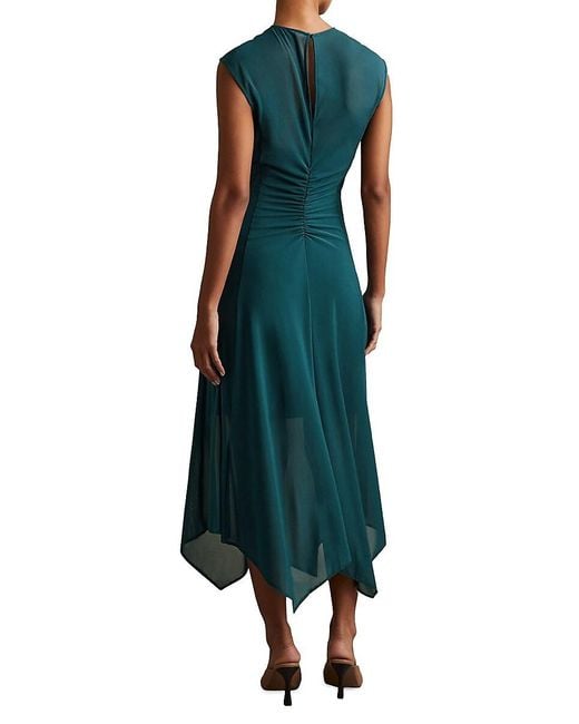 Reiss Green Lyra Ruched Mesh Midi-Dress