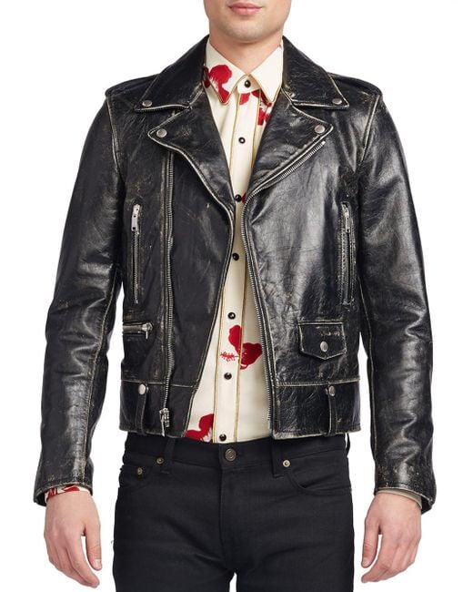 Saint Laurent Black Distressed Leather Jacket for men