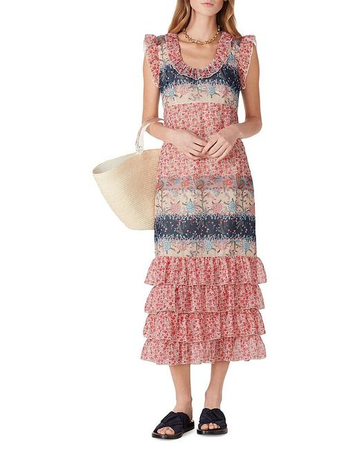 Anna Sui Pink Floral Flutter Sleeve Midi Dress
