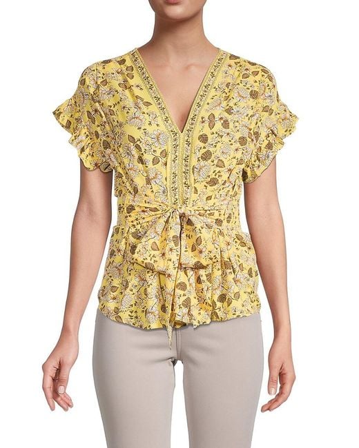 Max Studio Synthetic Printed Rufflesleeve Tiewaist Top in Yellow Lyst