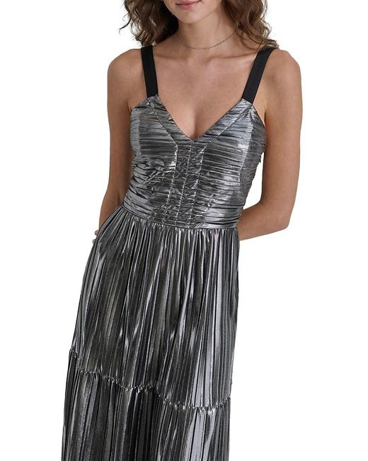 DKNY Gray Sleeveless Foil Plissé Maxi Dress