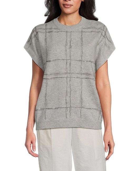 Brunello Cucinelli Gray 'Plaid Virgin Wool, Cashmere & Silk Sweater