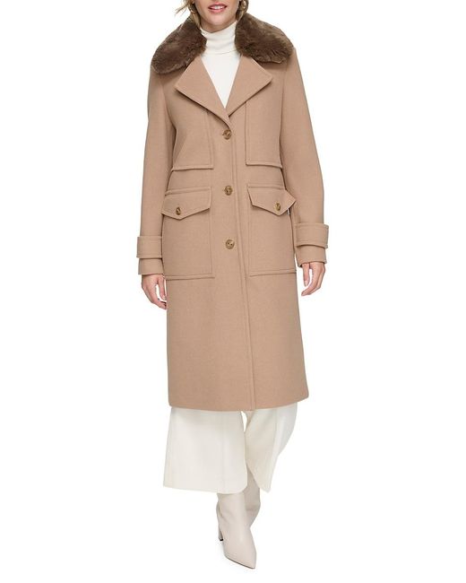 Andrew Marc Natural Olpae Faux Fur Collar Wool Blend Trench Coat