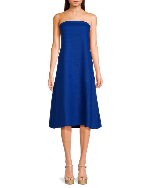 Saks Fifth Avenue Blue Bandeau Neck 100% Linen Knee Length Dress