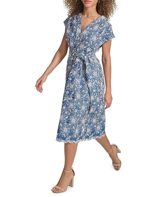 Kensie Blue Faux-wrap Embroidered Chambray Midi-dress