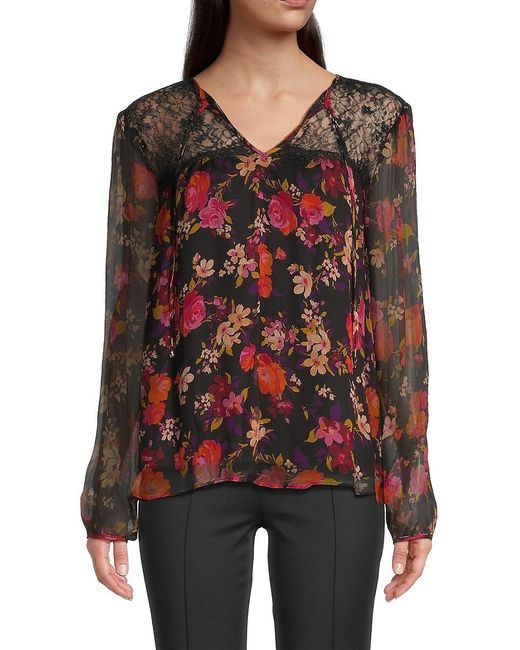 Johnny Was Red Silk Chiffon Floral Blouse