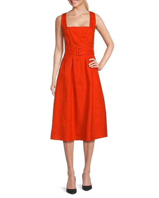 Saks Fifth Avenue Red Squareneck Belted 100% Linen Midi Dress