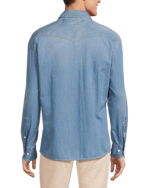Brunello Cucinelli Blue Easy Fit Chambray Western Shirt for men