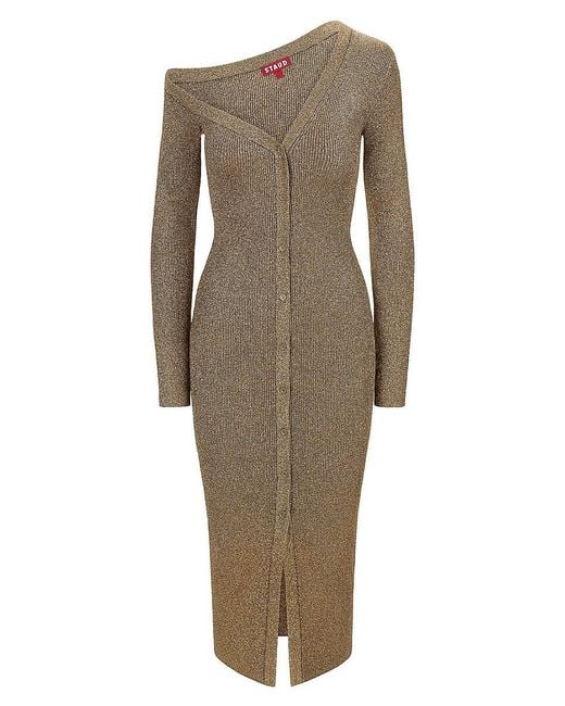 Staud Natural Craftsman Metallic Rib-Knit Asymmetric Sweaterdress