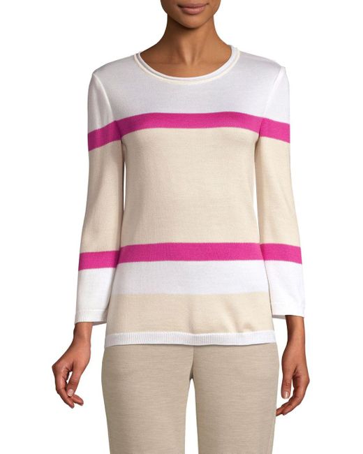 St. John Wool Stripe Float Jacquard Knit 3/4-sleeve Sweater in Pink