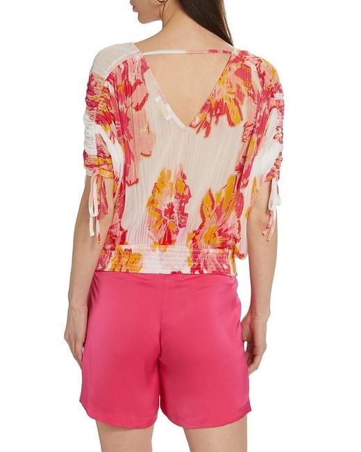 Ramy Brook Pink Frances Floral Plissé Drawstring Top
