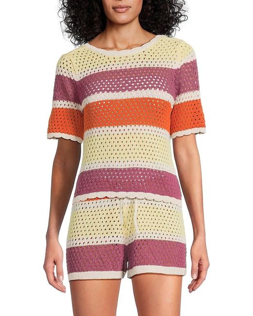 Vero Moda Women's Red Striped Crochet Pullover Top