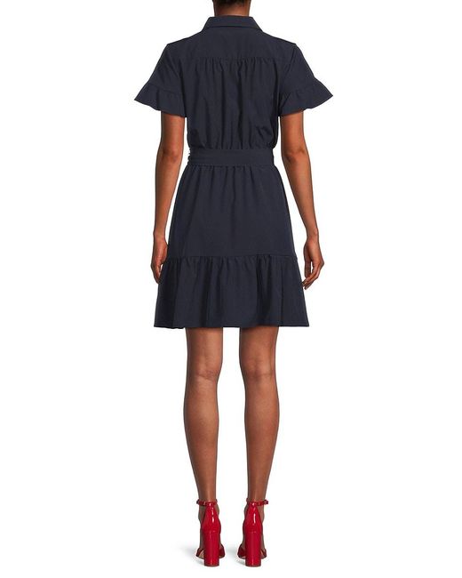 DKNY Blue Solid Belted Shirtdress
