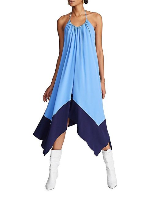 Halston Heritage Blue Two Tone Asymmetric Midi-Dress