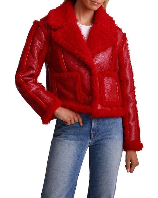 Avec Les Filles Red Relaxed Fit Glazed Faux Shearling Trim Jacket