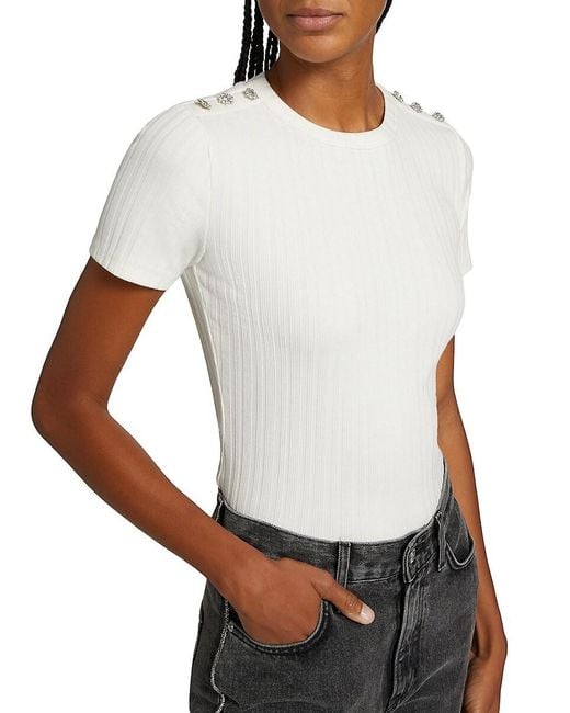 Veronica Beard White Draya Embellished Knit Crop T-Shirt