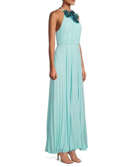 Emanuel Ungaro Blue Zo Sequined Floral Pleated Chiffon Maxi Dress