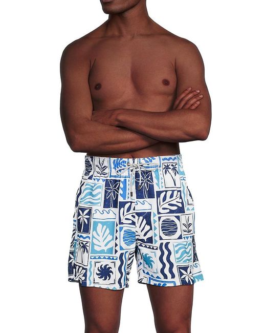 Vintage Summer Blue Coastal Print 4-way Stretch Volley Shorts for men