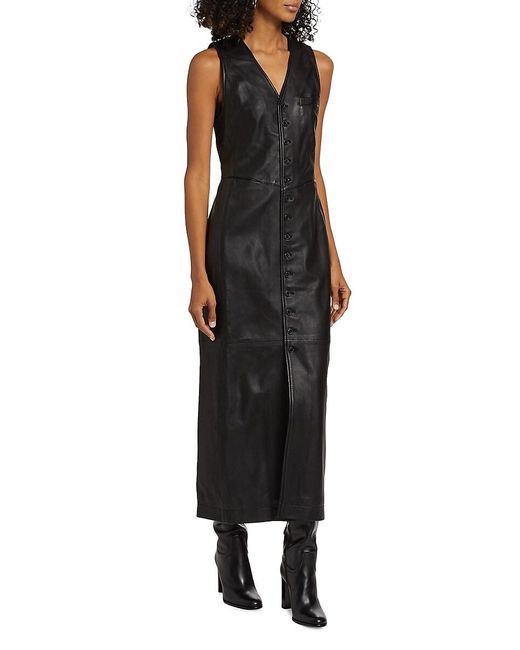 FRAME Black Sleeveless Leather Button-Front Midi-Dress