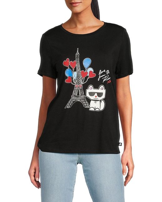 Karl Lagerfeld Black Choupette Embellished Graphic Tee